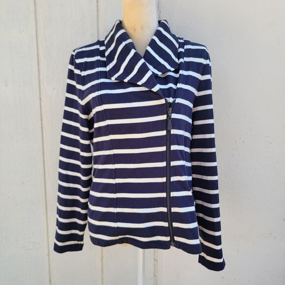 Talbots Navy/White Cotton Striped Knit Moto Jacket Zip Nautical Travel Sz L - Picture 1 of 5